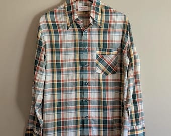 Vintage 70s Wrangler Mens Medium Green Plaid Western Button Up Shirt VTG M