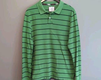 J.Crew Mens Large L Polo Shirt Long Sleeve Blue Green Stripe Vintage Style LS