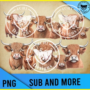 shaggy cows bundle hand drawn- Highland cattle-rose Png digital file for sublimation