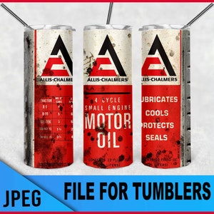 May include: A set of three stainless steel tumblers with a vintage Allis-Chalmers Motor Oil design. The design features a red and white color scheme with the text "4 Cycle Small Engine Motor Oil". Each tumbler has a silver straw.