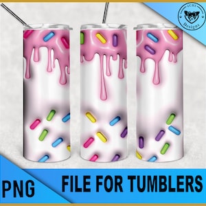 May include: Three sublimation designs for tumblers featuring a pink frosting drip with colorful sprinkles on a white background.