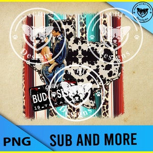 May include: A digital illustration of a couple standing in front of a Texas-shaped outline with a cow print pattern. The couple is wearing jeans and a cowboy hat. The background is a colorful striped pattern with a leopard print. The image also includes a vintage license plate that says "Buddy's" and "Budweiser" with the text "19 - Texas".