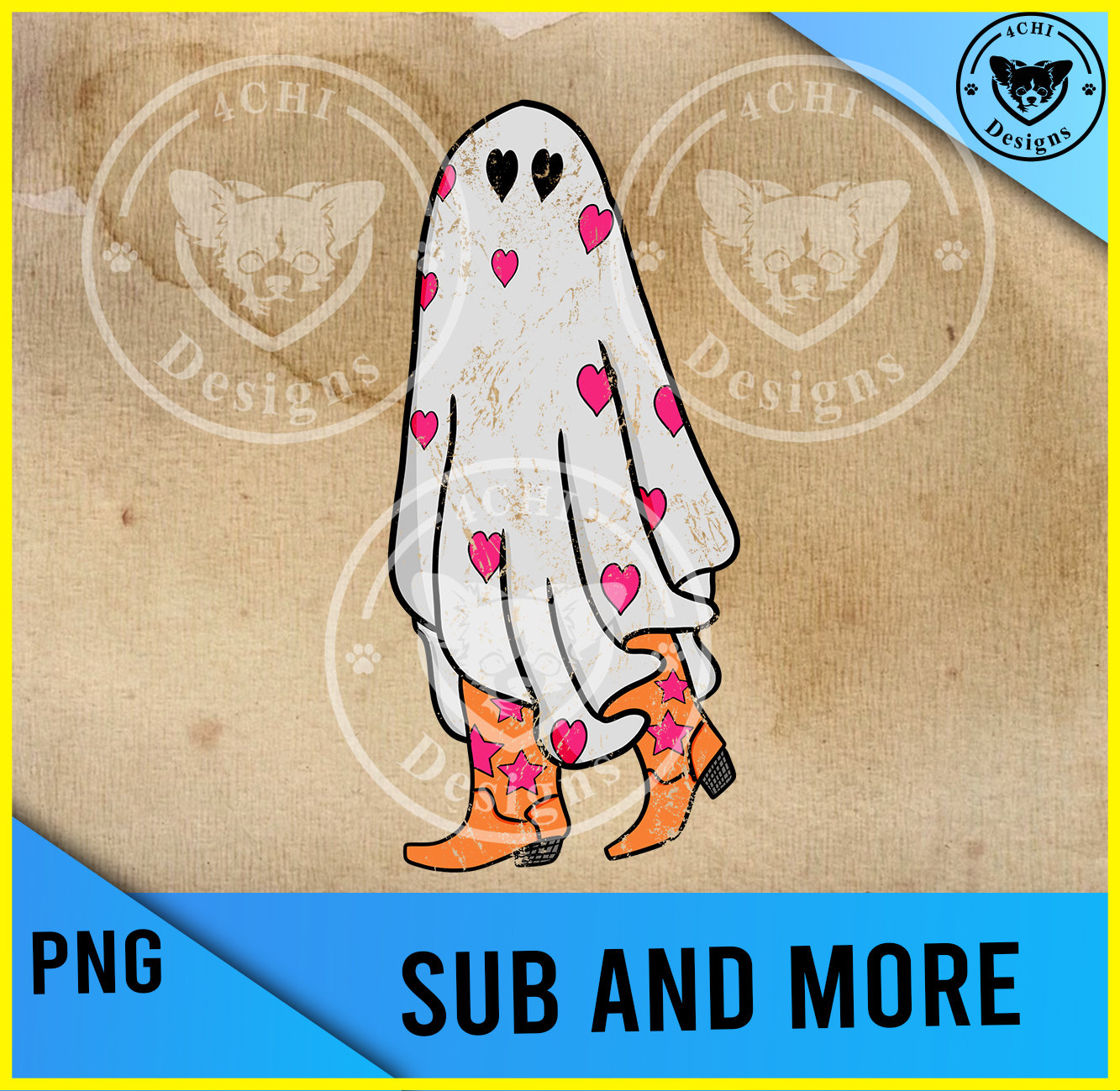 Halloween ghost-cowboy-cowhide stars and hearts- Png digital file for sublimation