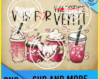 v voor venti-roze koffie en harten - png-bestand voor sublimatie