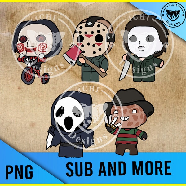 cute small horror movies characters - hand drawn- Png digital file for sublimation