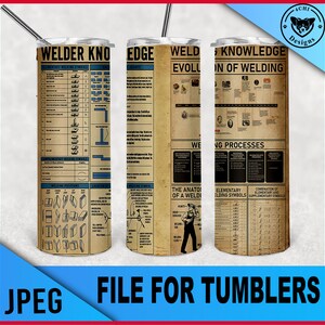May include: A set of three stainless steel tumblers with a vintage-style design featuring welding symbols, diagrams, and text. The tumblers are printed with the text "Welder Knowledge Evolution of Welding" and "Welding Processes".