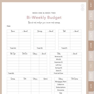 May include: A printable bi-weekly budget planner with sections for recording income, expenses, and savings. The planner includes a calendar for January and a section for tracking bills and debt.