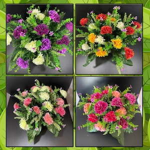 May include: Four arrangements of artificial flowers in various colours. Each arrangement features a mix of large, colourful blooms, including purple, red, orange, pink, and white, with green foliage.