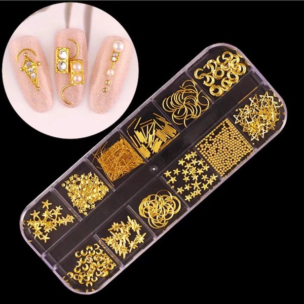 12 Grids Metal Nail Studs/Gold Color Rivet Nail Studs/ Metallic Nail Decoration Set