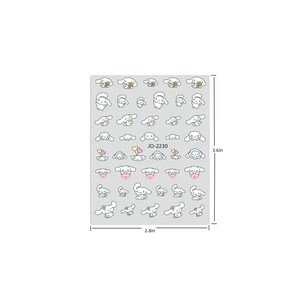 Op de afbeelding: Een vel met 36 witte honden nagelstickers met verschillende ontwerpen. De stickers tonen een witte hond met blauwe ogen en verschillende accessoires, waaronder een hart, een bloem en een bot. Het vel meet 7,1 cm bij 9,1 cm en bevat de tekst "JO-2230".