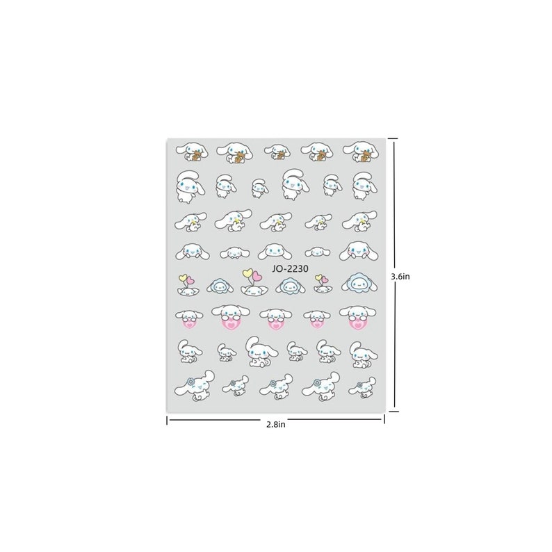 Op de afbeelding: Een vel met 36 witte honden nagelstickers met verschillende ontwerpen. De stickers tonen een witte hond met blauwe ogen en verschillende accessoires, waaronder een hart, een bloem en een bot. Het vel meet 7,1 cm bij 9,1 cm en bevat de tekst "JO-2230".