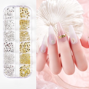12 Grids Metal Nail Studs/Gold & Silver Color Rivet Nail Studs/Metallic Nail Decoration Set