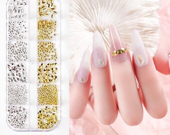 12 Grids Metal Nail Studs/Gold & Silver Color Rivet Nail Studs/Metallic Nail Decoration Set