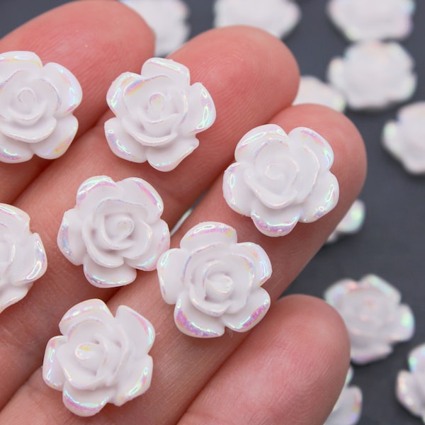 10pcs 13mm Pastel AB White Rose Flower Cabochons, Earring Making jewelry Supplies, DIY Supplies