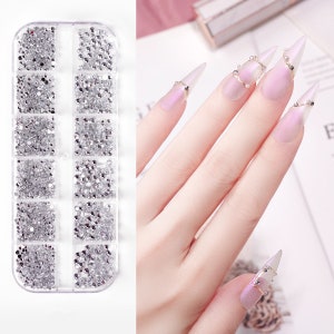 12 Grids Rhinestone Flatback Nail Charms/Clear, Silver Color Nail Studs/Nail Decoration Set