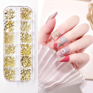 12 Grids Metal Nail Studs/Gold Color Rivet Nail Studs/ Metallic Nail Decoration Set