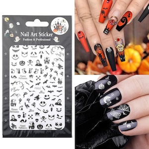 May include: A sheet of black and white Halloween nail art stickers with a variety of designs, including pumpkins, bats, ghosts, and the words "Happy Halloween".