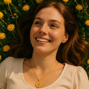 Puede incluir: Un collar con colgante circular dorado que presenta una cadena fina y un dije redondo grabado con el texto en espa&ntilde;ol 'no hay vida mejor' en letra cursiva, usado sobre una prenda clara con un fondo de flores amarillas.