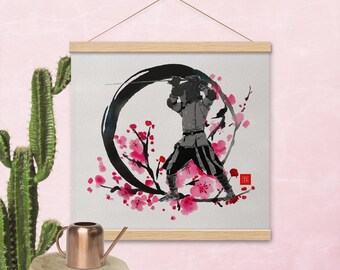Sumi-e Longsword Fencer in Ochs Poster - Unique HEMA Art for Historical Fencers and Japanese Ink Wash Enthusiastas (con perchas)
