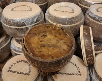 Raw African Black Soap in Coconut Pot by MGL Naturals | From Ghana, West Africa