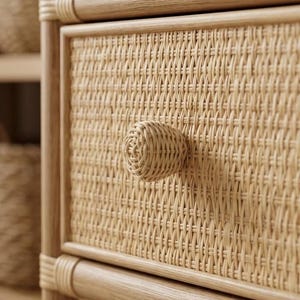 Op de afbeelding: Een lichthouten nachtkastje met een ladefront van gevlochten rotan en een bijpassende ronde knop van gevlochten rotan. Het frame is gemaakt van glad licht hout met rotan wikkelingen bij de verbindingen.