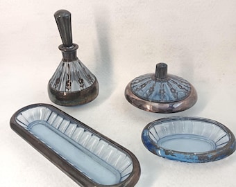 Elegant 1950s Vintage Glass Vanity Set with Silver Details – 4 Pieces