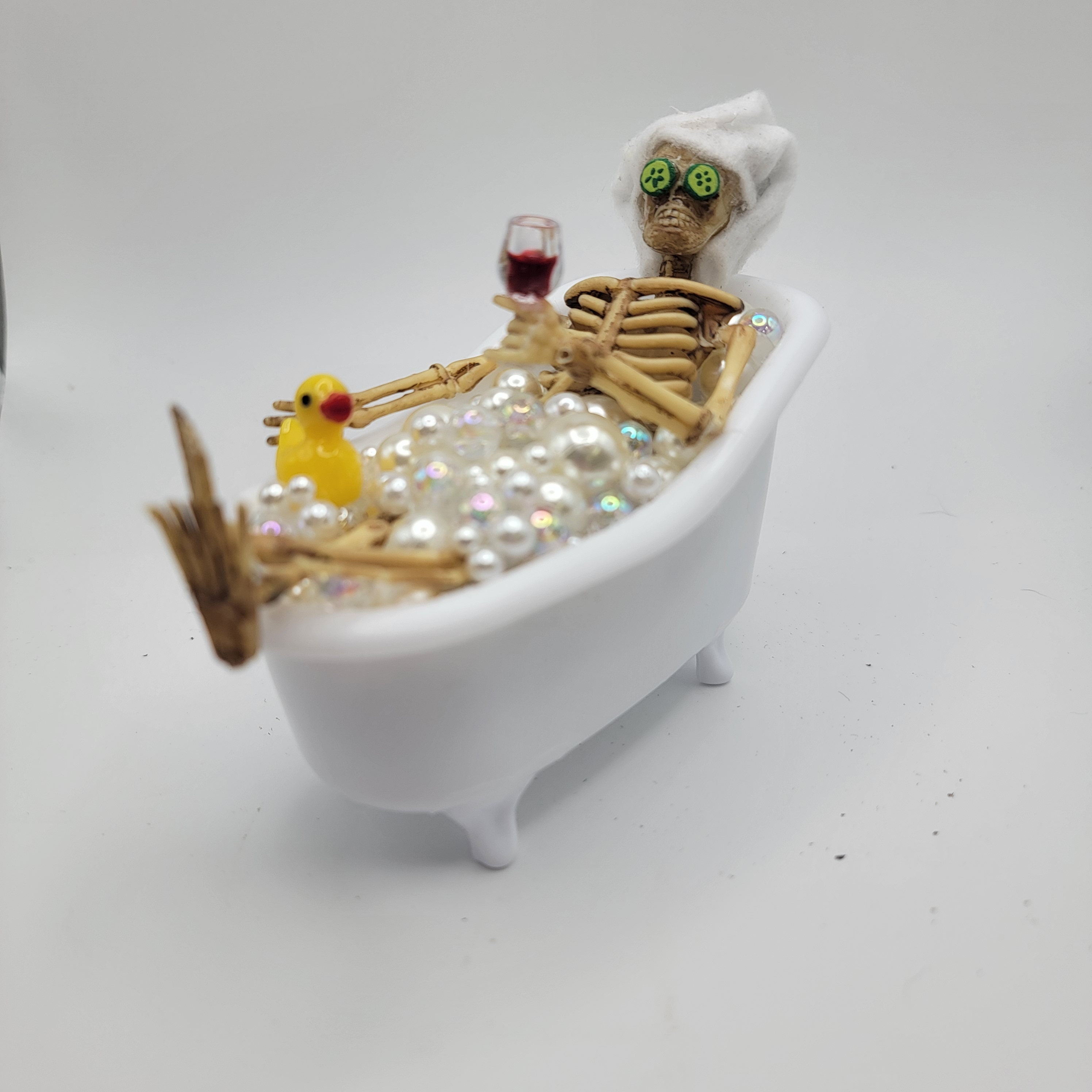 Self Care Skeleton | Skeleton decorations | Skeleton in a bubble bath | Miniatures | Halloween | Bathroom decor
