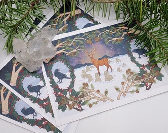 Original Winter Solstice Greeting Card, Deer and Raven Artwork