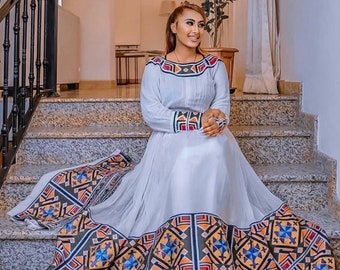 Ethiopian Traditional Dress: Habesha Kemis, Menen Cotton Long Dress