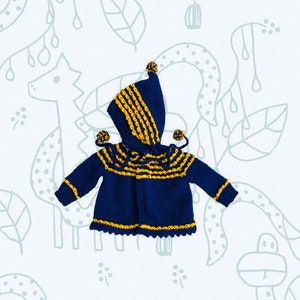 Hand Knit Baby Sweater: Navy Blue Hooded Cardigan with Gold Accents
