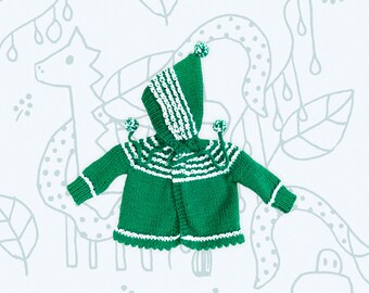 Hand knit baby sweater with hood.  Ties at neck.  Green with white.  Babies up to one year.