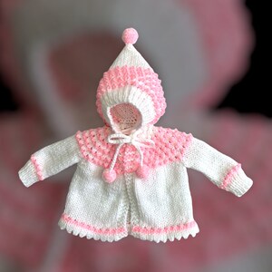 Hand Knit Baby Sweater with Hood: White & Pink Accents