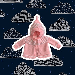 Hand Knit Baby Sweater: Pink Hooded Cardigan with White Accents