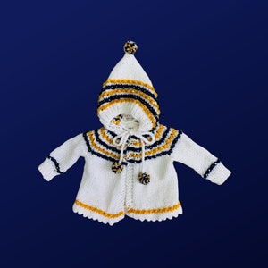 Hand Knit Baby Sweater with Hood: White, Navy & Gold Accents