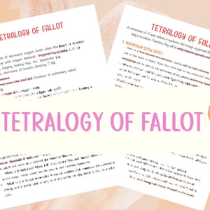 Può includere: Uno schema del cuore con una descrizione della tetralogia di Fallot, un difetto cardiaco congenito. Lo schema mostra i quattro difetti che compongono la tetralogia di Fallot: difetto del setto ventricolare, stenosi polmonare, aorta sovrapposta e ipertrofia ventricolare destra. Il testo descrive i sintomi della tetralogia di Fallot, tra cui cianosi, mancanza di respiro e intolleranza all'esercizio.