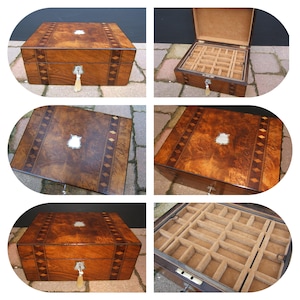 Antique Victorian jewellery box, wood 19th century, inlaid, vintage box, ring, necklace, watch, pendant, brooch, pin, bracelet, gold, silver