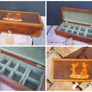 Antique jewellery box Victorian 19th century, inlaid, document, vintage wood, ring, necklace, watch, pendant, brooch, bracelet, gold, silver