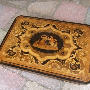 Antique jewellery box, Sorrento inlaid, document, vintage wood, ring, necklace, watch, pendant, brooch, bracelet, earrings gold, silver