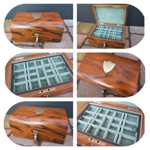 Antique Victorian jewellery box, wood 19th century, inlaid, vintage box, ring, necklace, watch, pendant, brooch, pin, bracelet, gold, silver