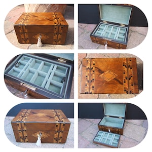 Antique Victorian jewellery box, wood 19th century, inlaid, vintage box, ring, necklace, watch, pendant, brooch, pin, bracelet, gold, silver