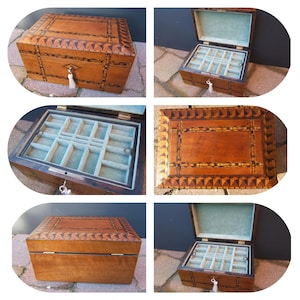 Antique Victorian jewellery box, wood 19th century, inlaid, vintage box, ring, necklace, watch, pendant, brooch, pin, bracelet, gold, silver