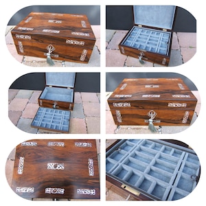 Antique jewellery box Victorian 19th century, inlaid, document, vintage wood, ring, necklace, watch, pendant, brooch, bracelet, gold, silver