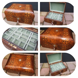 Antique Victorian jewellery box, wood 19th century, inlaid, vintage box, ring, necklace, watch, pendant, brooch, pin, bracelet, gold, silver