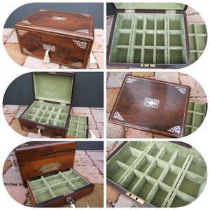Antique jewellery box Victorian 19th century, inlaid, document, vintage wood, ring, necklace, watch, pendant, brooch, bracelet, gold, silver
