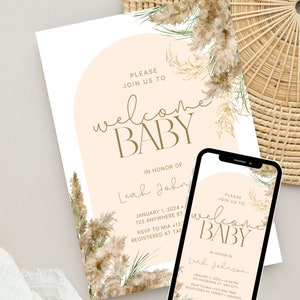 Pampas Minimal Boho Baby Shower Invitation Template Editable in Canva, Gender Neutral Completely Customizable A6