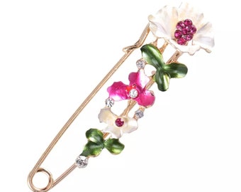 Floral Safetypin Brooch, Flower Brooch, Safetypin Jewelry, Floral Pin