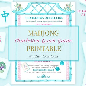K&ouml;nnte beinhalten: Digitaler Download eines Mahjong Charleston Quick Guide mit t&uuml;rkis-rosa Design. Der Leitfaden enth&auml;lt Anweisungen f&uuml;r den Kachelaustausch und den Text "PRINTABLE" und "digital download". Mahjong-Kacheln mit floralen und chinesischen Symbolen umgeben den Leitfaden.