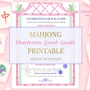 Guida rapida stampabile al Mahjong Charleston / Promemoria per principianti al Mahjongg americano / Stile Chinoiserie Grandmillennial / Regalo per una serata di gioco