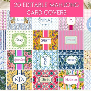 May include: A digital collection of 20 editable Mahjong card covers featuring diverse patterns including floral, geometric, and animal prints. Each rectangular design includes a central frame for personalized names, with text reading 20 EDITABLE MAHJONG CARD COVERS and EDIT NAMES IN Canva INSTANT DOWNLOAD.