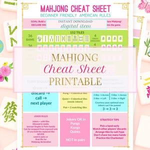 Puede incluir: Una hoja de trucos de Mahjong imprimible con reglas americanas para principiantes. El dise&ntilde;o incluye un fondo rosa, una tabla verde y blanca y varias fichas de Mahjong. El texto incluye "Mahjong Cheat Sheet" y "Instant Download".
